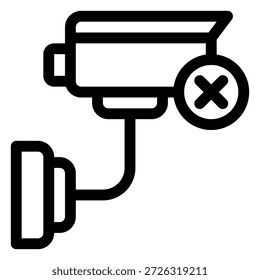 Este icono de línea de colores vibrantes ilustra un sistema de cámara de televisión de circuito cerrado (CCTV) inhabilitado o que funciona mal, con una cámara de seguridad con una cruz roja que indica un error, falla o problema de privacidad.