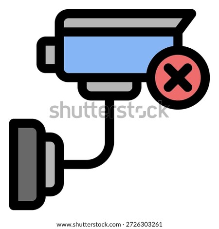 This vibrantly colored line icon illustrates a disabled or malfunctioning closed-circuit television camera (CCTV) system, featuring a security camera with a red cross indicating an error, failure, or privacy concern.