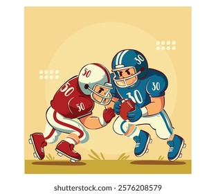 This vintage cartoon illustration captures the dynamic intensity of two football players fiercely competing for the ball