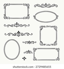 Esta coleção de quadros decorativos vintage apresenta bordas ornamentais elegantes, divisores clássicos e elementos de arte de linha desenhados à mão em um fundo de luz limpa. O conjunto inclui quadros retangulares, formas ovais, enfeites de canto, floreios e desenhos de rolagem simétricos, oferecendo texturas decorativas intemporais. Ideal para convites, certificados, cartões de casamento, marcas, embalagens, cartazes, artigos de papelaria, gráficos de mídia social e layouts editoriais. O estilo preto e branco monocromático melhora a clareza, a versatilidade e a sofisticação, tornando-o adequado para conceitos de design de luxo, retro e clássico. Esses elementos ornamentais acrescentam charme, refinamento e detalhes artísticos aos projetos de criação impressos e digitais.