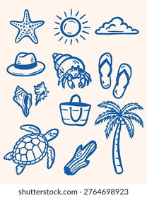 This vintage hand-drawn summer beach icon set features a collection of tropical and seaside elements designed in a clean and decorative retro style. Each illustration is created with bold outlines and simple shapes, giving it a timeless and playful hand-drawn look.

The set includes a variety of summer-themed objects such as starfish, sun, clouds, hat, seashells, crab, flip flops, tote bag, palm tree, turtle, and driftwood. Inspired by classic vintage illustration and coastal lifestyle, this collection captures the relaxed and fun atmosphere of a tropical vacation.

Perfect for use in apparel design, stickers, posters, packaging, social media content, and other creative projects. The simple and minimal style makes it easy to combine and adapt for both modern and retro-themed visuals.

All elements are arranged as a cohesive set, allowing flexible composition and layout. Ideal for designers, creators, and small businesses looking for unique and original summer graphics.

This vector illustration set is versatile, high-quality, and suitable for both digital and print use.
