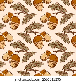 This vintage pattern showcases intricately designed acorns nestled among delicate foliage. With its earthy tones and timeless appeal, perfect for nature inspired projects, textiles, and autumn themes.