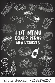 This vintage restaurant menu prepared with carefully hand-drawn food illustrations on a chalkboard. Menu designs not only provide content, but can also be used as a decorative wall poster.