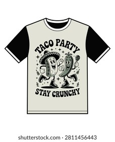 This vintage rubber hose style illustration features a dancing taco wearing a sombrero and a joyful chili pepper holding a maraca. The monochrome design includes the text Taco Party and Stay Crunchy surrounded by retro stars, cactuses, and guitars. It is ideal for apparel design or festive event promotions.