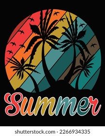 This vintage t-shirt design features a bright, summery print with a tropical beach scene. The colors are vivid and eye-catching, making it a great choice for a fun summer look.