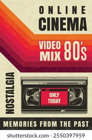 Esta arte inspirada em vintage promove um evento de cinema online com uma mistura especial de vídeos dos anos 80.