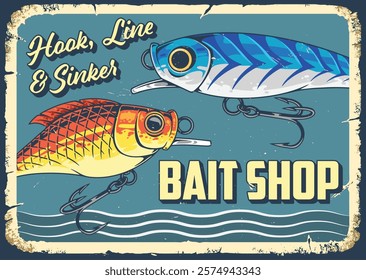 This vintage-inspired bait shop sign showcases colorful fish illustrations and playful text. Its retro style attracts fishing enthusiasts and adds charm to any location.