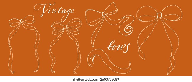 This vintage-inspired bow illustration set features hand-drawn, textured ribbons in a retro aesthetic. The elegant brushstroke effect and warm earthy tones create a timeless, artistic, and organic