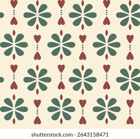 This vintage-inspired pattern features charming green floral shapes and red heart motifs arranged in a perfectly symmetrical, repeating design. Ideal for retro lovers and timeless textile aesthetics.
