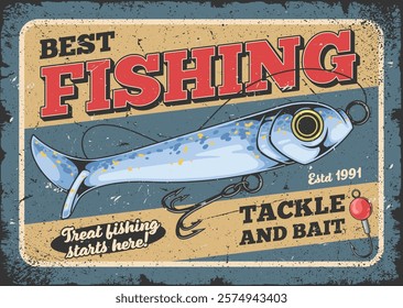 This vintage-style advertisement promotes a fishing tackle and bait shop highlighting quality gear since 1991. Perfect for enthusiasts looking to improve their fishing experience.