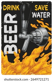 This vintage-style art features a beer tap with flowing beer encouraging people to drink beer and save water. The creative design blends humor with an environmental message.