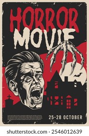 This vintage-style horror movie poster features a screaming man with a sinister claw reaching toward him. The background includes a spooky house and bats setting a chilling vibe.