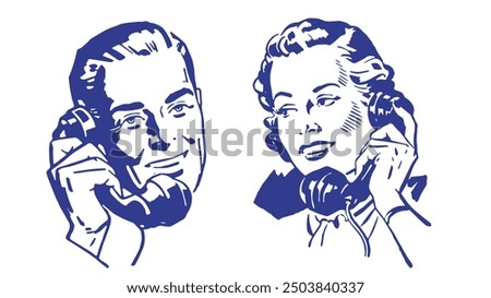 This vintage-style illustration captures a charming scene of a man and a woman engaged in a telephone conversation.