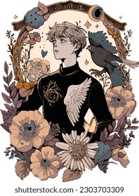 This vintage-style poster features an intricate illustration of a mysterious magic man surrounded by beautiful floral elements and perched birds.