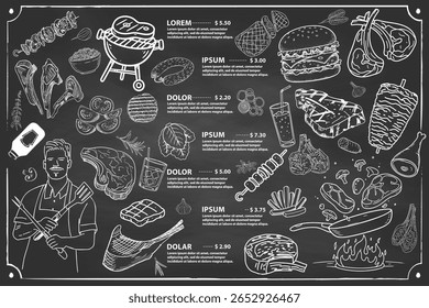 Diese Steakhouse-Speisekarte im Vintage-Stil besticht durch ihr klassisches Kreidetafel-Design, das mit handgezeichneten Steaks und verzierten Details geschmückt ist.