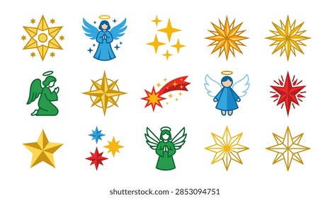 This visual asset features a set of 15 diverse holiday icons arranged in a grid on a white background. The collection includes various geometric golden stars, starbursts, and a red shooting star. It also depicts four distinct angel characters in different poses, including kneeling and standing, colored in blue and green with golden halos. The style is a clean, flat vector aesthetic suitable for web and print graphics.