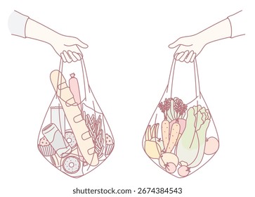 Esta é uma comparação visual que mostra sacos de supermercado cheios de alimentos processados ao lado de produtos frescos