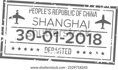This visual depicts a departure stamp from Shanghai China showing the date January 30 2018 and symbols of airplanes reflecting international travel and journey.