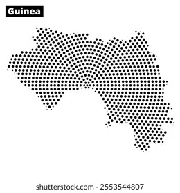 This visual displays a dotted map of Guinea, showcasing its geographic layout and contours in a minimalist style.