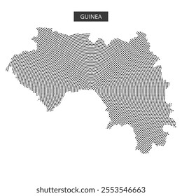 This visual displays a dotted map of Guinea, showcasing its geographic layout and contours in a minimalist style.