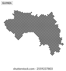 This visual displays a dotted map of Guinea, showcasing its geographic layout and contours in a minimalist style.