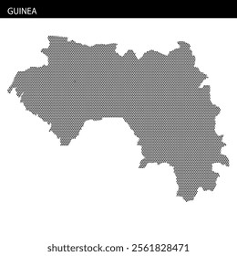 This visual displays a dotted map of Guinea, showcasing its geographic layout and contours in a minimalist style.