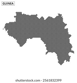 This visual displays a dotted map of Guinea, showcasing its geographic layout and contours in a minimalist style.