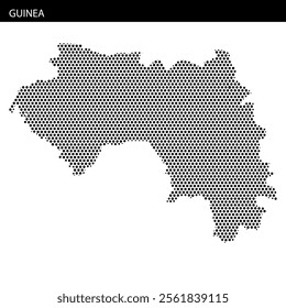 This visual displays a dotted map of Guinea, showcasing its geographic layout and contours in a minimalist style.