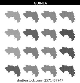 This visual displays a dotted map of Guinea, showcasing its geographic layout and contours in a minimalist style.