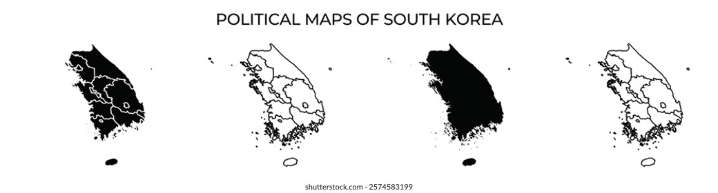 This visual displays several outlines of South Korea, emphasizing various political divisions and geographical features. Each map represents distinct areas with contrasting details.