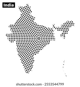 This visual features a dotted representation of India's geographical outline on a white background, highlighting its shape and borders.