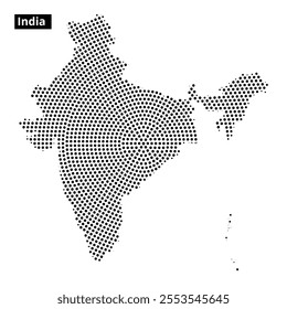 This visual features a dotted representation of India's geographical outline on a white background, highlighting its shape and borders.