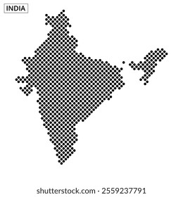 This visual features a dotted representation of India's geographical outline on a white background, highlighting its shape and borders.