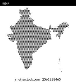 This visual features a dotted representation of India's geographical outline on a white background, highlighting its shape and borders.