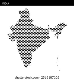 This visual features a dotted representation of India's geographical outline on a white background, highlighting its shape and borders.