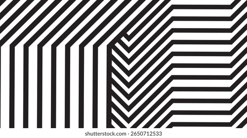 This visual features an interplay of bold black and white stripes arranged in geometric patterns, creating a striking optical illusion with a modern artistic style that captures the eye