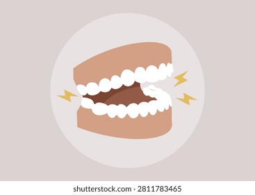 This visual highlights the effects of bruxism, showing a stylized jaw with teeth clenched and illustrative sparks representing discomfort and tension often felt by those affected