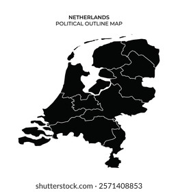 This visual illustrates the political outline map of the Netherlands, highlighting various divisions and regions across the country. The map emphasizes territorial boundaries and connectivity.