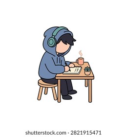 This Visual Lofi Hip Hop cartoon illustration depicts a character sketching at a desk, capturing a cozy, relaxed, and creative artistic atmosphere.