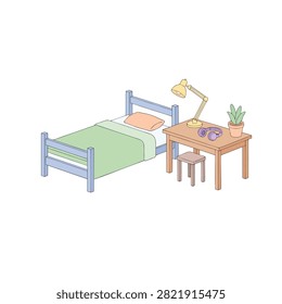 This Visual Lofi Hip Hop bedroom scene features a cozy bed and desk setup, perfect for a relaxing, artistic, and aesthetic lifestyle atmosphere.