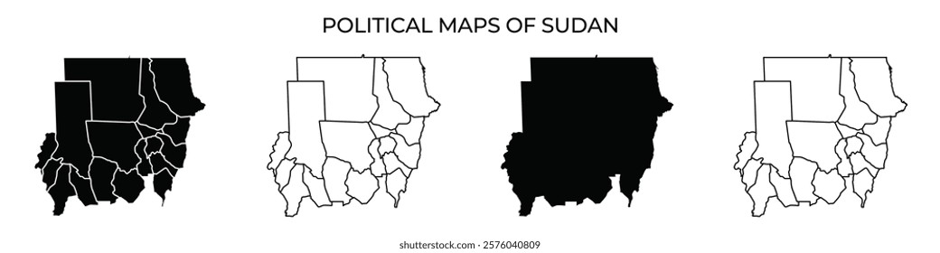 This visual presents multiple variations of political maps of Sudan, highlighting various regions and boundaries in distinct styles, promoting a better understanding of the countrys geography.