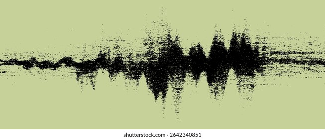 This visual representation captures sound waves in a stark black against a soft green background, illustrating their rhythmic movements and varying intensities in an artistic manner.