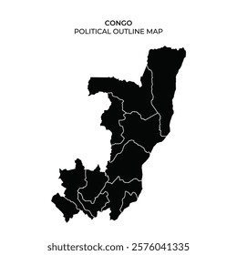 This visual representation depicts the political outline map of Congo, detailing its regional borders. The map is entirely black, emphasizing the divisions and shape of the country.