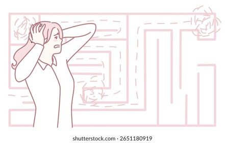 This visual representation illustrates themes of stress and confusion, showing a woman trapped in a complex maze