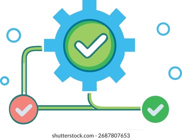 Esse visual representa um fluxo de trabalho suave e a automação de processos. As engrenagens simbolizam operações, enquanto as marcas de seleção indicam a conclusão e o progresso da tarefa com êxito, sugerindo eficiência e realização.
