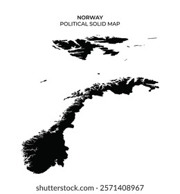 This visual represents a solid political map of Norway, showcasing its geographical features and layout. Key areas are distinctly outlined, emphasizing the countrys topography.