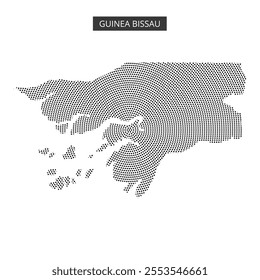 This visual showcases a dotted outline of Guinea Bissau, emphasizing its distinctive shape and surrounding islands in a creative style.