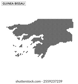 This visual showcases a dotted outline of Guinea Bissau, emphasizing its distinctive shape and surrounding islands in a creative style.