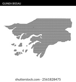 This visual showcases a dotted outline of Guinea Bissau, emphasizing its distinctive shape and surrounding islands in a creative style.