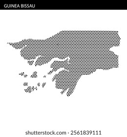 This visual showcases a dotted outline of Guinea Bissau, emphasizing its distinctive shape and surrounding islands in a creative style.